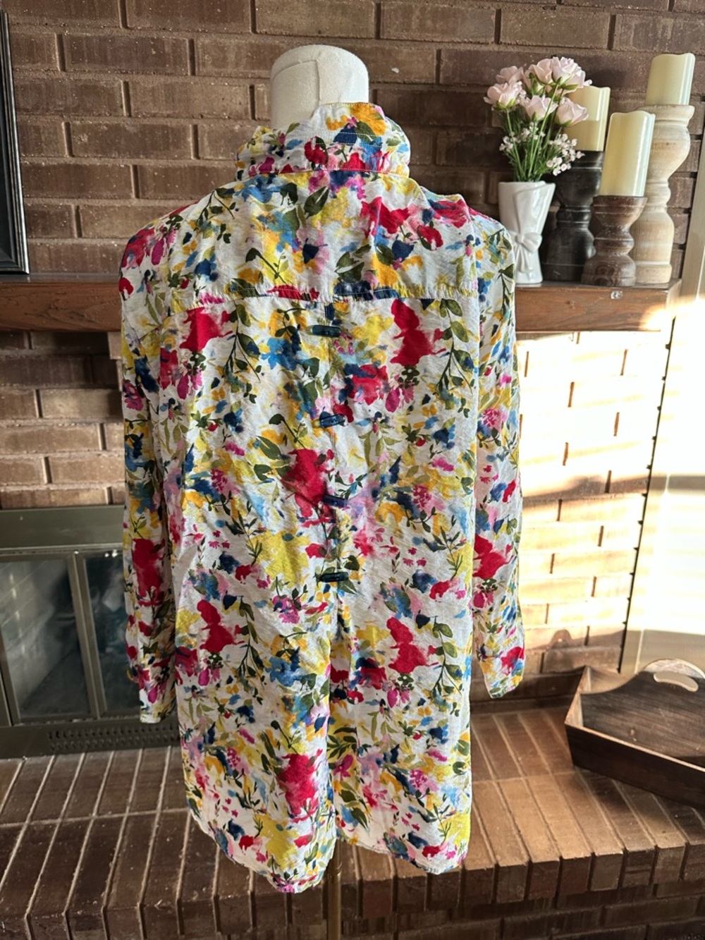 Ali Miles Wire Collar Floral Crinkle Button Front Tunic Shirt Back Toggle XL - Picture 4 of 7